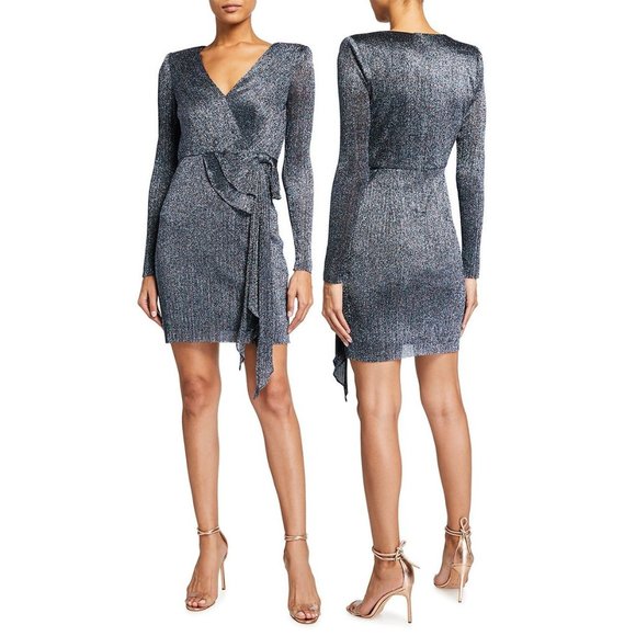 Aidan by Aidan Mattox Blue Metallic Padded Shoulder Wrap Dress - Size 0 - NWT - Picture 1 of 3